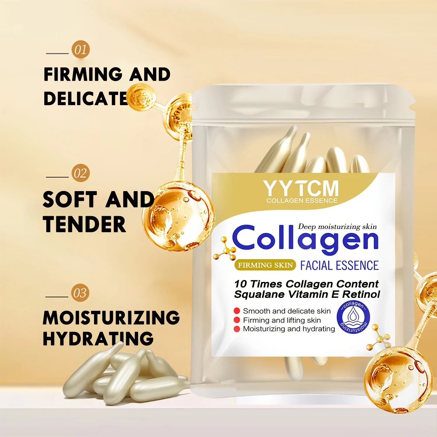 Essence de capsule raffermissante au collagène, hydrate et lisse la peau, contient du squalane à base de plantes, du rétinol, de la vitamine E, de l'essence hydratante profonde (0,4 g x 30 capsules)/sac-1