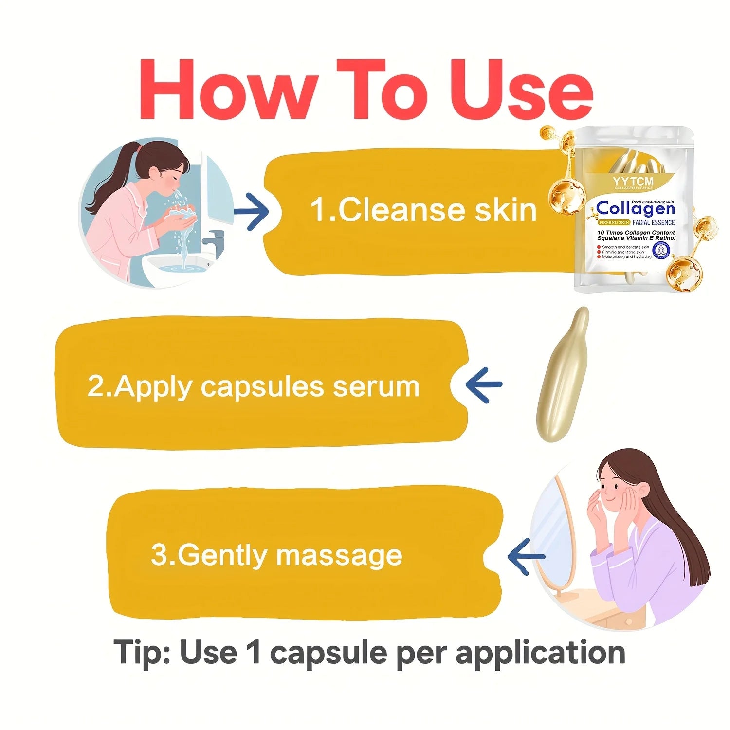 Essence de capsule raffermissante au collagène, hydrate et lisse la peau, contient du squalane à base de plantes, du rétinol, de la vitamine E, de l'essence hydratante profonde (0,4 g x 30 capsules)/sac-1
