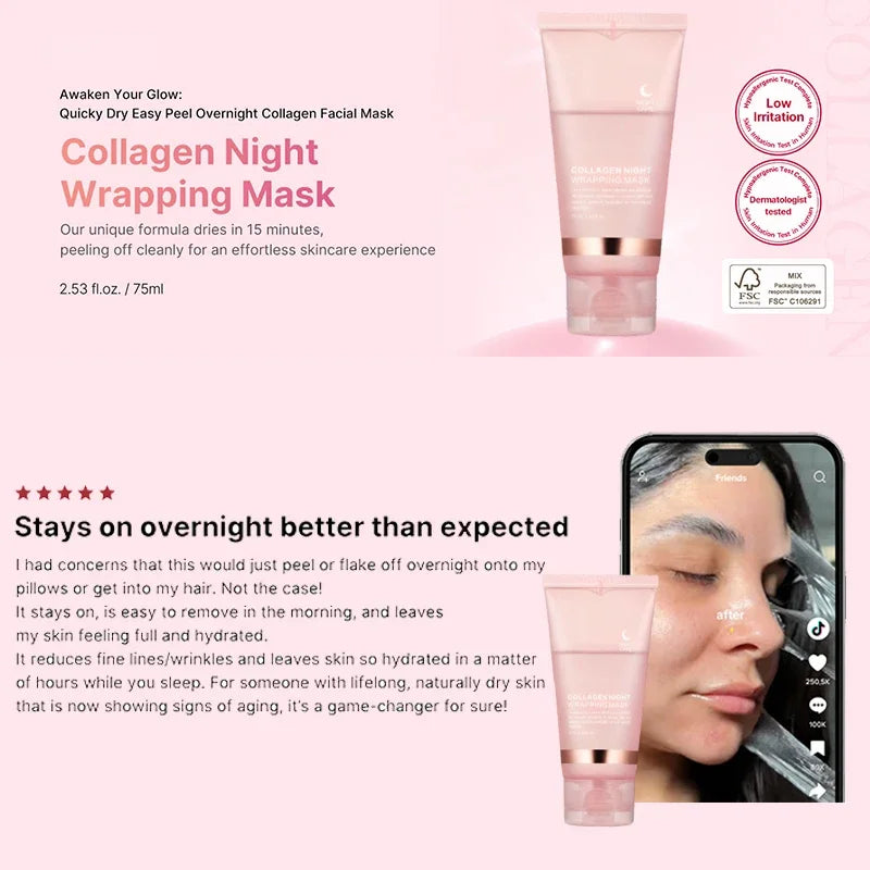 Masque Facial enveloppant au collagène coréen, élasticité, hydratation, réduit l'affaissement de la matité, soins pour la peau au collagène hydrolysé