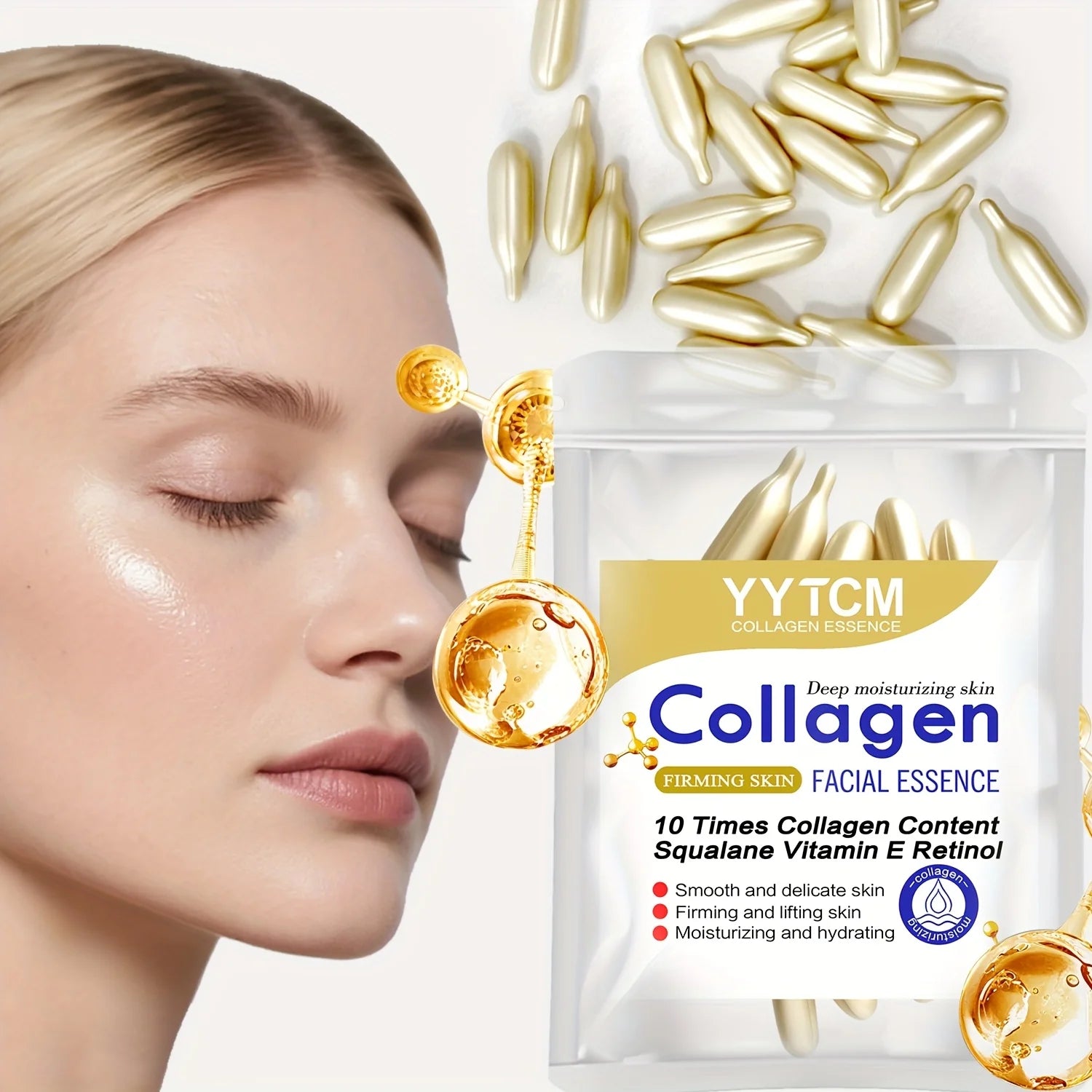 Essence de capsule raffermissante au collagène, hydrate et lisse la peau, contient du squalane à base de plantes, du rétinol, de la vitamine E, de l'essence hydratante profonde (0,4 g x 30 capsules)/sac-1