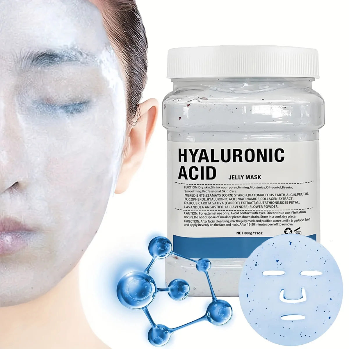 Masque visage à la gelée d'acide hyaluronique, Masque gel hydratant, Hydratation profonde pour les soins de la peau, 11 onces.