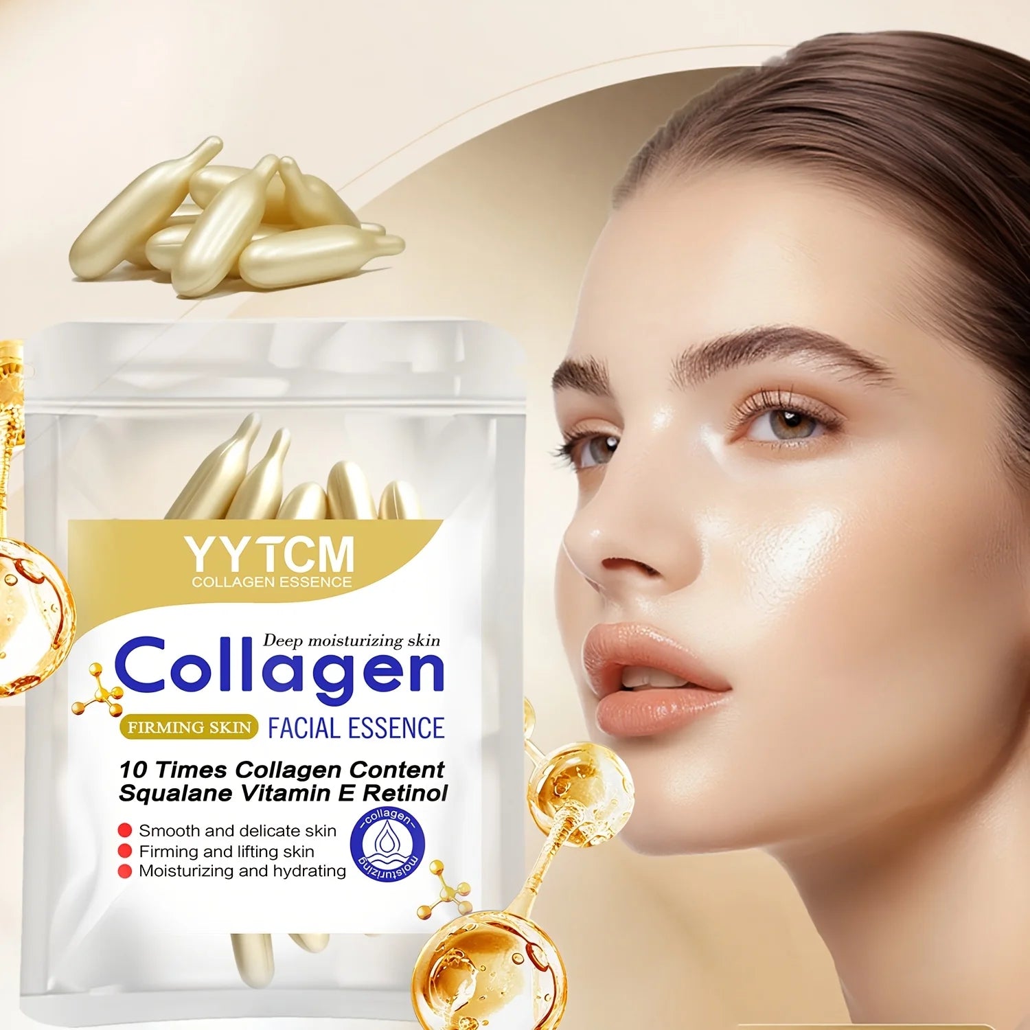 Essence de capsule raffermissante au collagène, hydrate et lisse la peau, contient du squalane à base de plantes, du rétinol, de la vitamine E, de l'essence hydratante profonde (0,4 g x 30 capsules)/sac-1